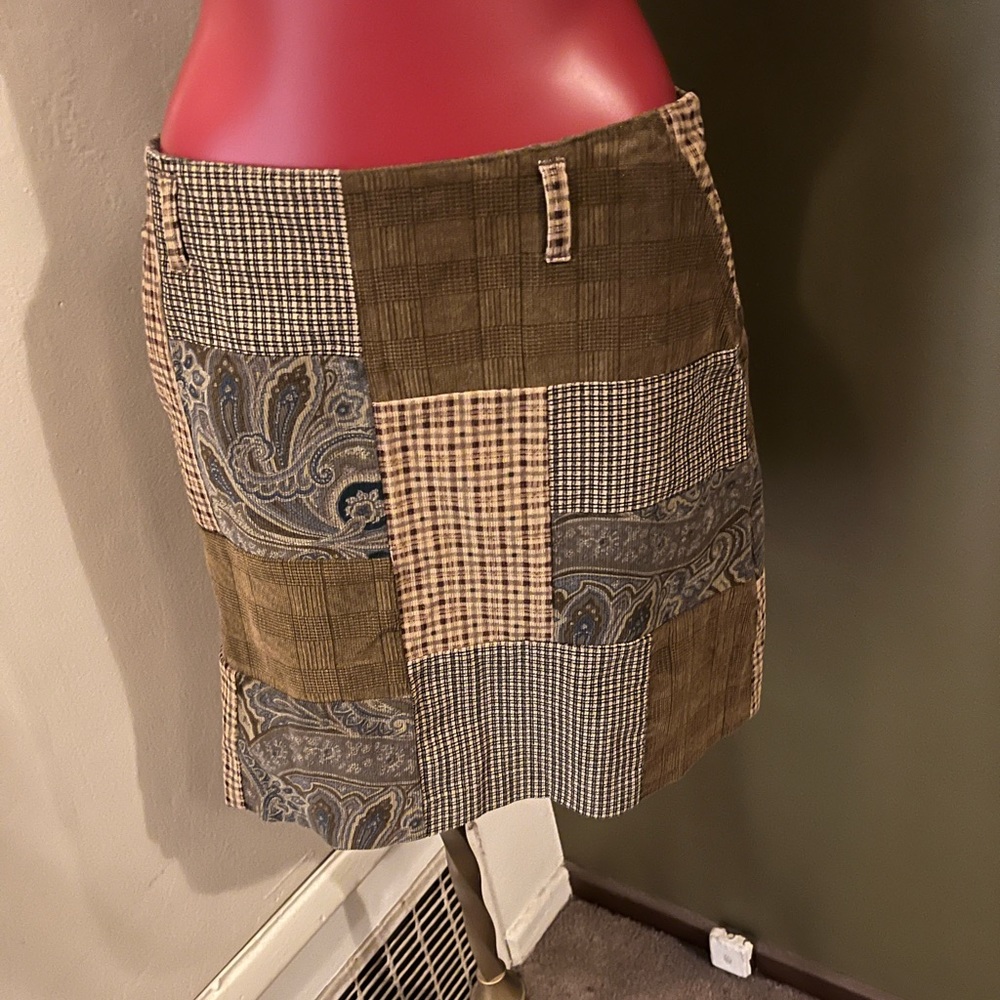 New York & Company Patchwork Mini Skirt in Olive, Beige, Gray